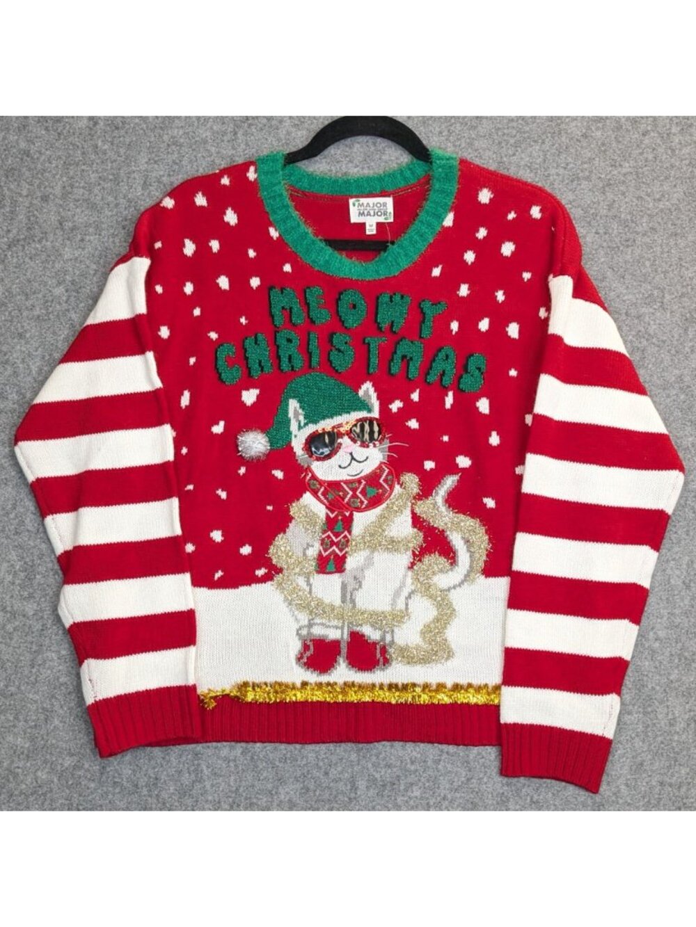 Meowy Christmas Womens Size Medium Ugly Christmas Sweater Cat Red White Stripes - Picture 2 of 6
